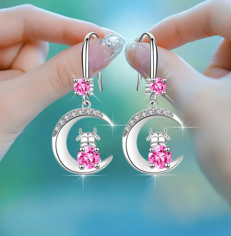 925 Silver Korean Women'S Diamond-Studded Zodiac Ox Mid-Length Earrings Personality Earrings Cross Border Explosion Earrings