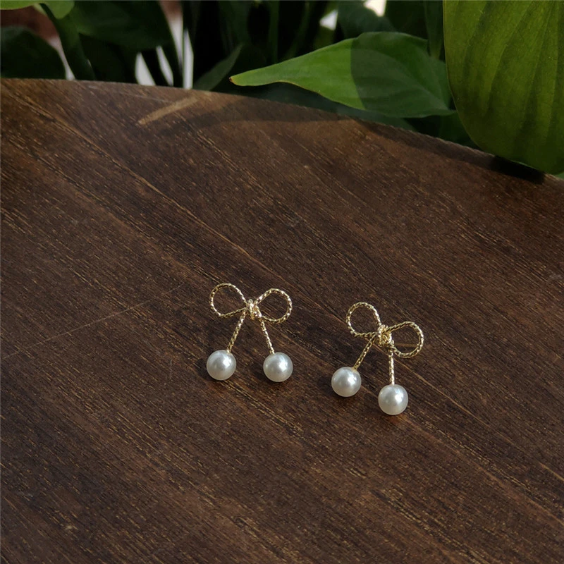 14K Real Gold Bow Earrings Female Japanese And Korean Design Temperament Earrings