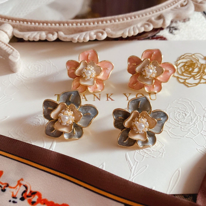 French Exquisite Flower Oil Drip Enamel Pearl 925 Silver Needle Stud Earrings