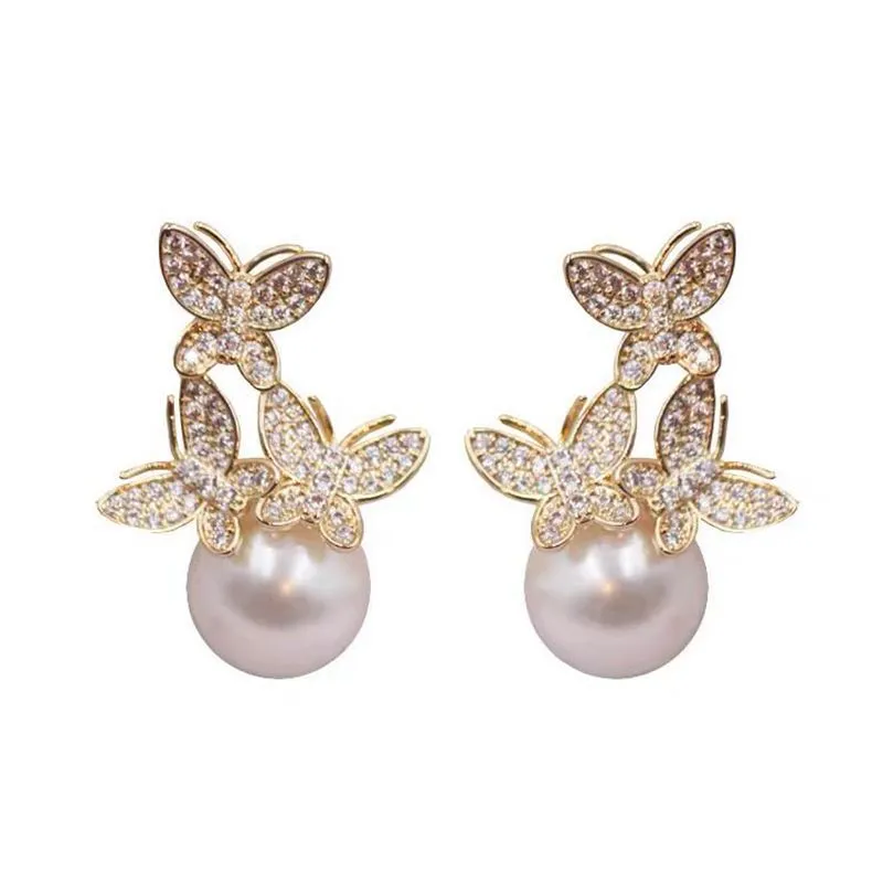 925 Silver Needle Rhinestone Butterfly Pearl Stud Earrings High Quality Light Luxury Fashion Earrings