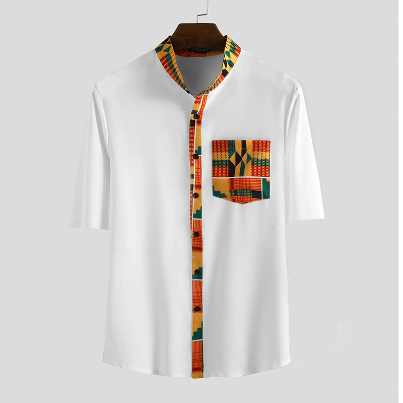 2020 new cross-border exclusive men's ebay Zinc ethnic style stand-up collar pocket printed short-sleeved shirt