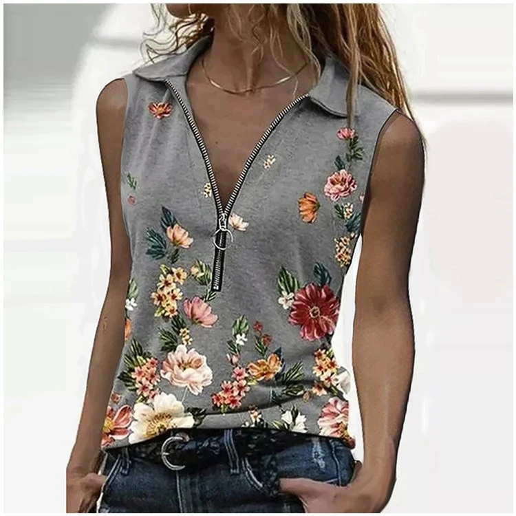 Women's Slim Fit Zipper Blouse Printed T-shirt