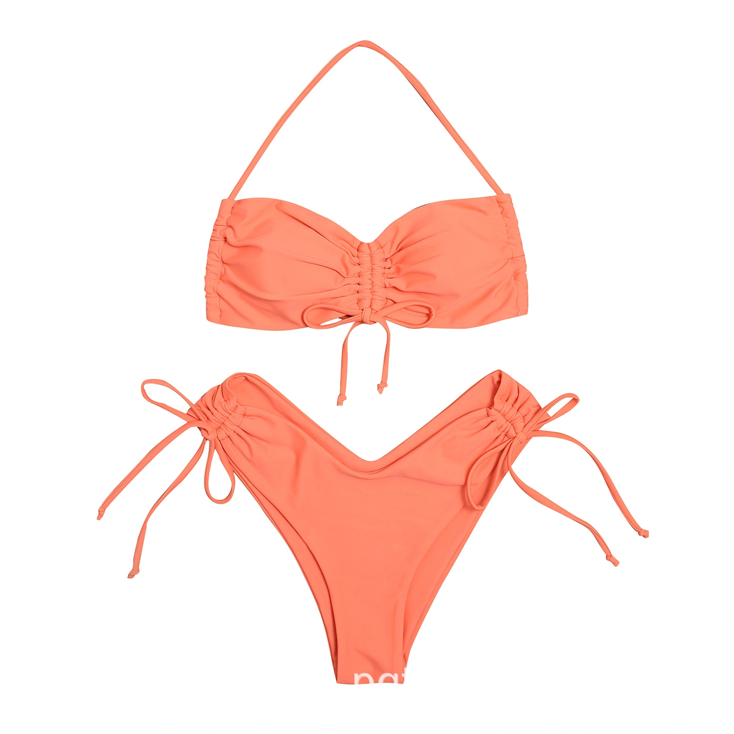 Halter Open Back Lace-Up Drawstring Ruffled Solid Color Split Swimsuit