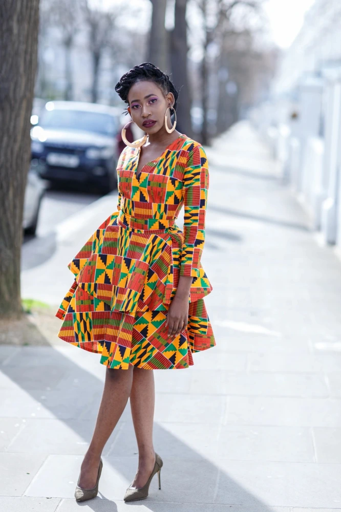 Printed Women's Dress V-neck Belt Three-Quarter Sleeve Fashion Cake Dress African Style Skirt