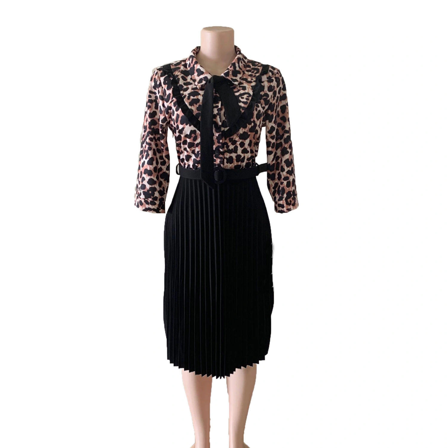 OL commuter African plus size mother dress leopard print stitching tie pleated dress