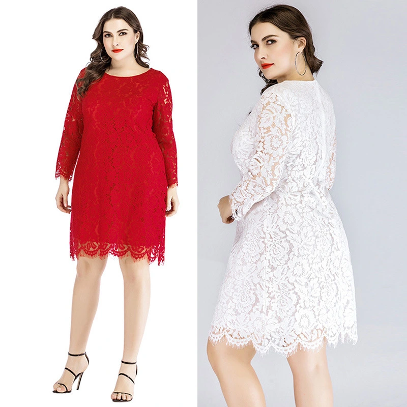 Plus Size Women's Lace Dress Spring New Fat Mm Waist Slimming Mini Skirt Round Neck Three-Quarter Sleeves