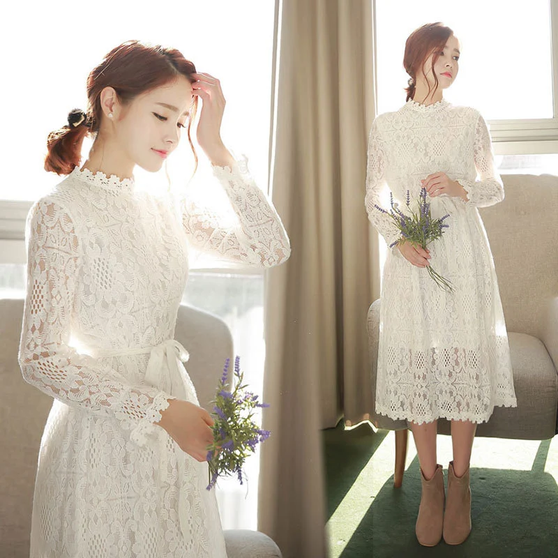 New Base Long-Sleeved White Lace Waistband Mid-Length Dress Ladies