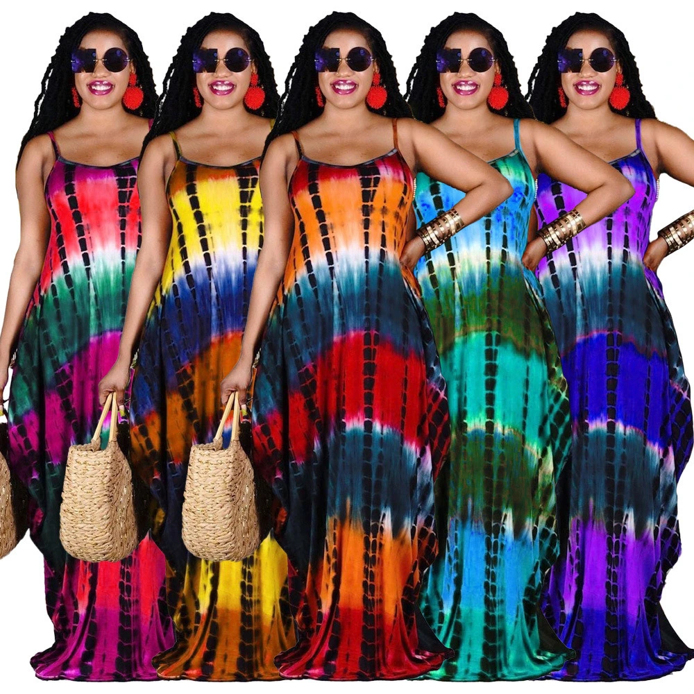 Foreign Trade Summer Tie-dye Printing Loose Strap Dress