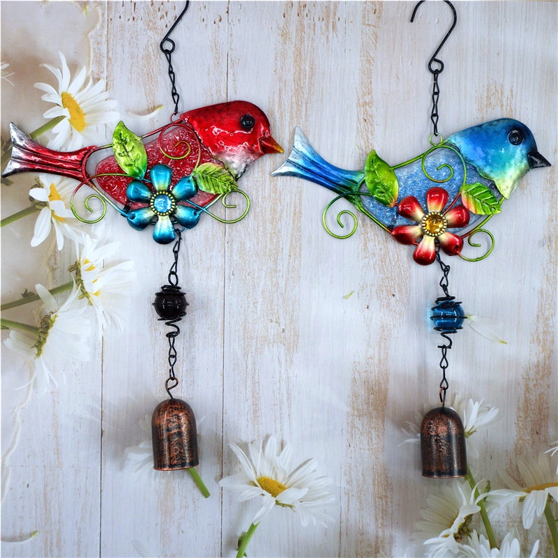 Patterned Glass Red And Blue Bird Wind Chimes