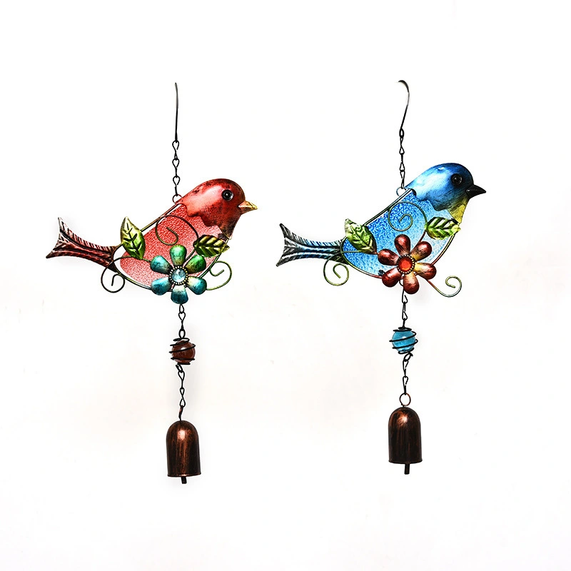 Patterned Glass Red And Blue Bird Wind Chimes