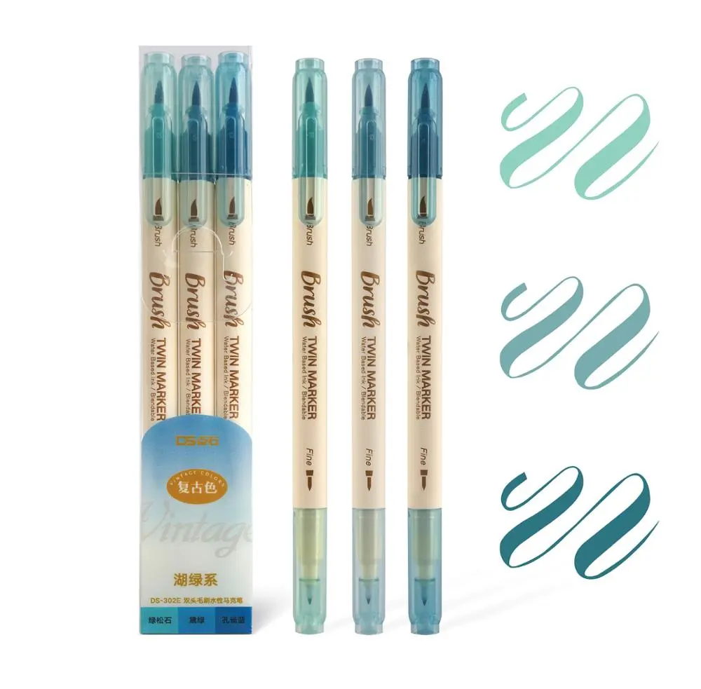 3pcs Retro color Brush Marker Pens Set Dual side Fine Liner Water Based Ink Blendable Watercolor Art Paint Drawing School F133