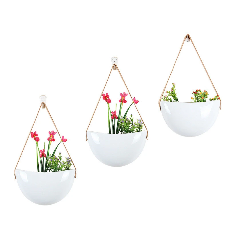 Green Plant Pot Hanging White Bright Flowerpot Ceramic Hemp Rope Leather Rope