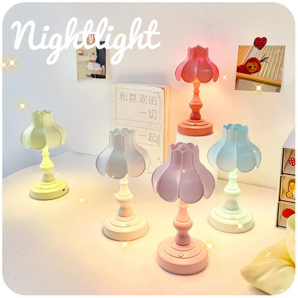 European Lotus Usb Charging Night Light Nostalgic Mediterranean Bedroom Bedside Lamp Mini Contracted Led Desk Lamp Decoration
