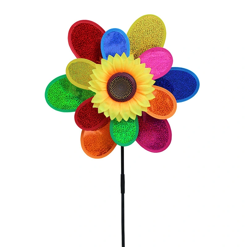 Best Selling Children's Toy Double-Layer Sequined Sunflower Plastic Windmill Outdoor Garden Decoration Colorful Windmill