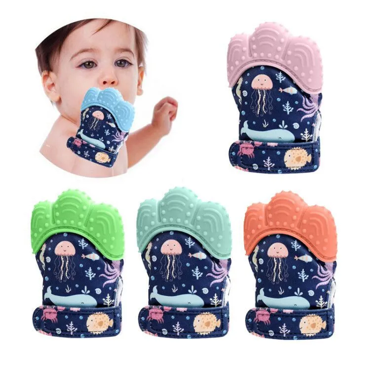  Baby Teether Gloves Squeaky Grind Teeth Oral Care Teething Pain Relief Newborn Bite Chew Sound Toys