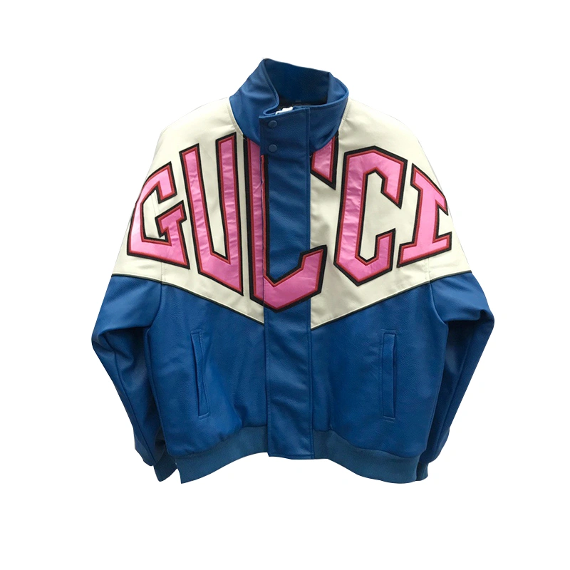 Blue And White Stitching Loose Leather Jacket With Letters On Chest