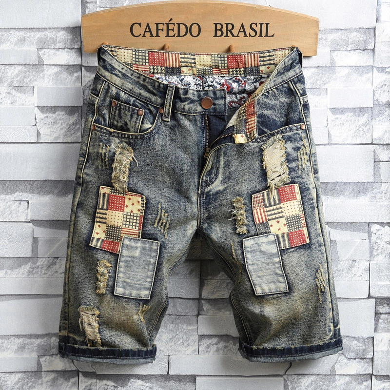 Summer Jeans Pants Men'S Personality Patch Retro Trendy Men'S Five-Point Pants Men'S Ripped Shorts