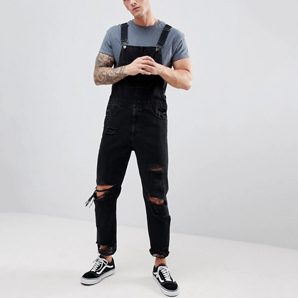 2019Wish AliExpress Fashion Men's Strap Denim Rompers Ripped Super Ripped Trousers