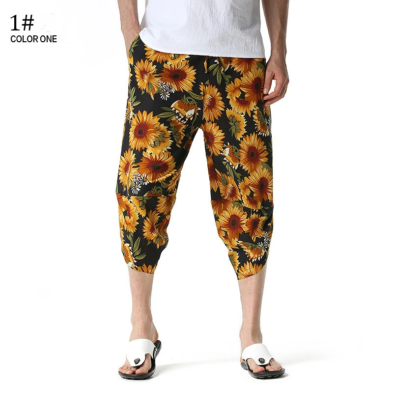 Foreign Trade Men's Harlan Capris Japanese Loose Wide Leg Pants Men's Summer Linen Pants