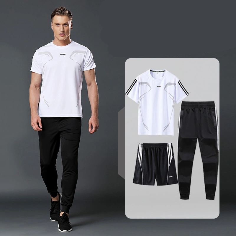 Sports Suit Men's Summer Leisure Two-Piece Three-Piece Fitness Suit Night Running Running Suit Quick-Drying Short-Sleeved Basketball SuitT