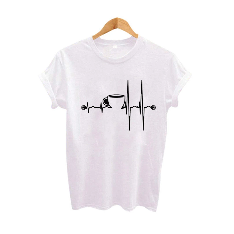 Summer Fun Women'S T-Shirt Coffee Heartbeat Pattern Printing Round Neck Short-Sleeved Top