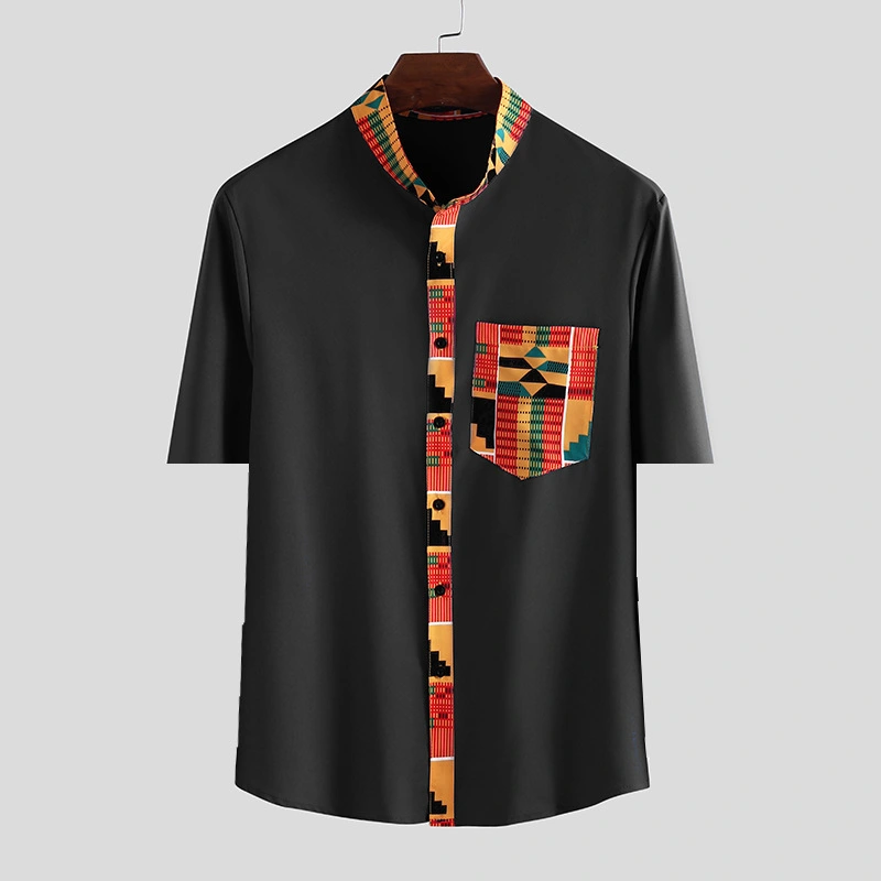  New Cross-Border Hot Sale Men's Ebay Zinc Ethnic Style Stand-Up Collar Pocket Printed Short-Sleeved Shirt