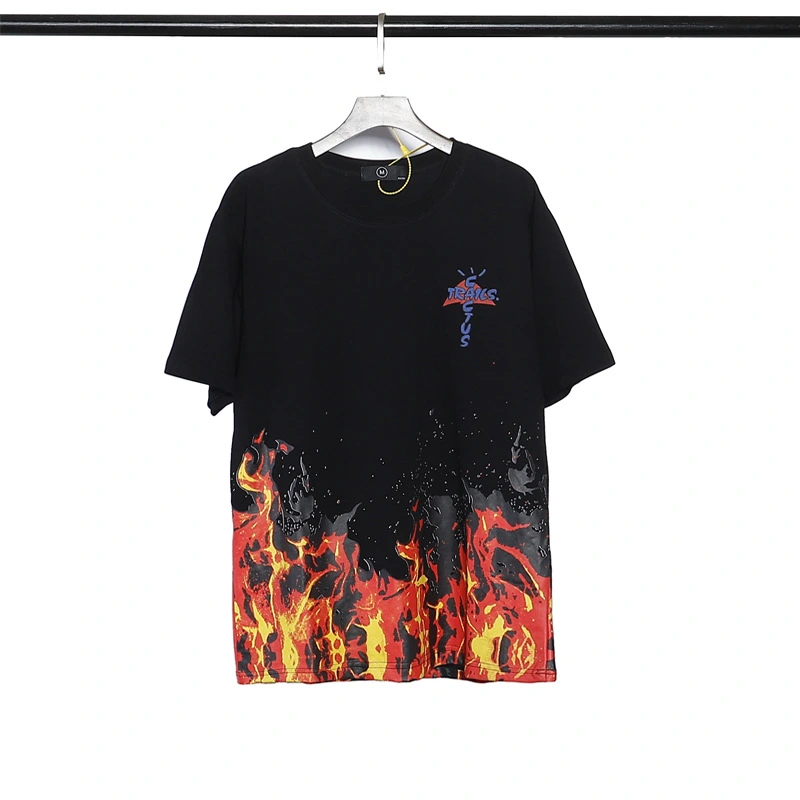 High Street Flame Print Letter Embroidered Round Neck Men'S Casual Short Sleeve T-Shirt
