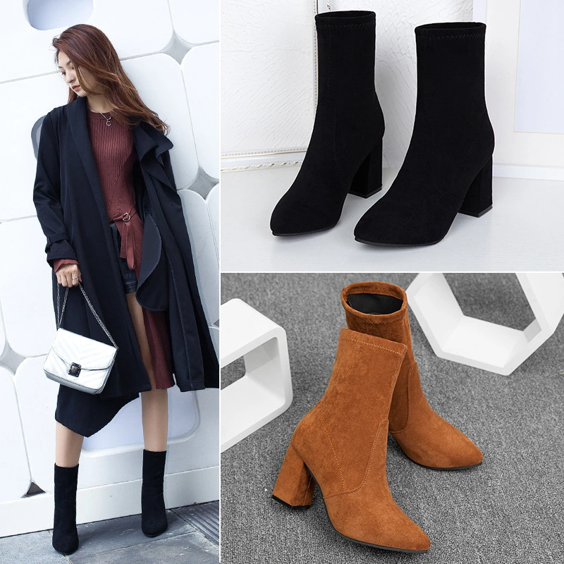Martin boots women suede pointed high heel thick heel