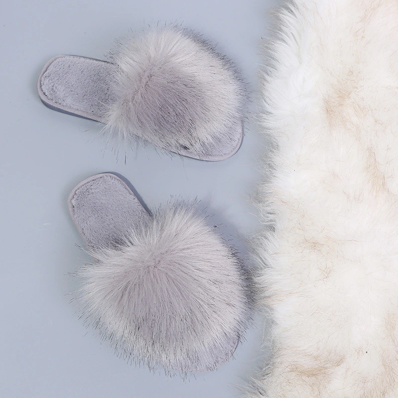 Solid Color One-Word Plush Slippers Women Winter Home Interior Floor Mopping Flat Bottom To Keep Warm Open-Toed Plush Slippers