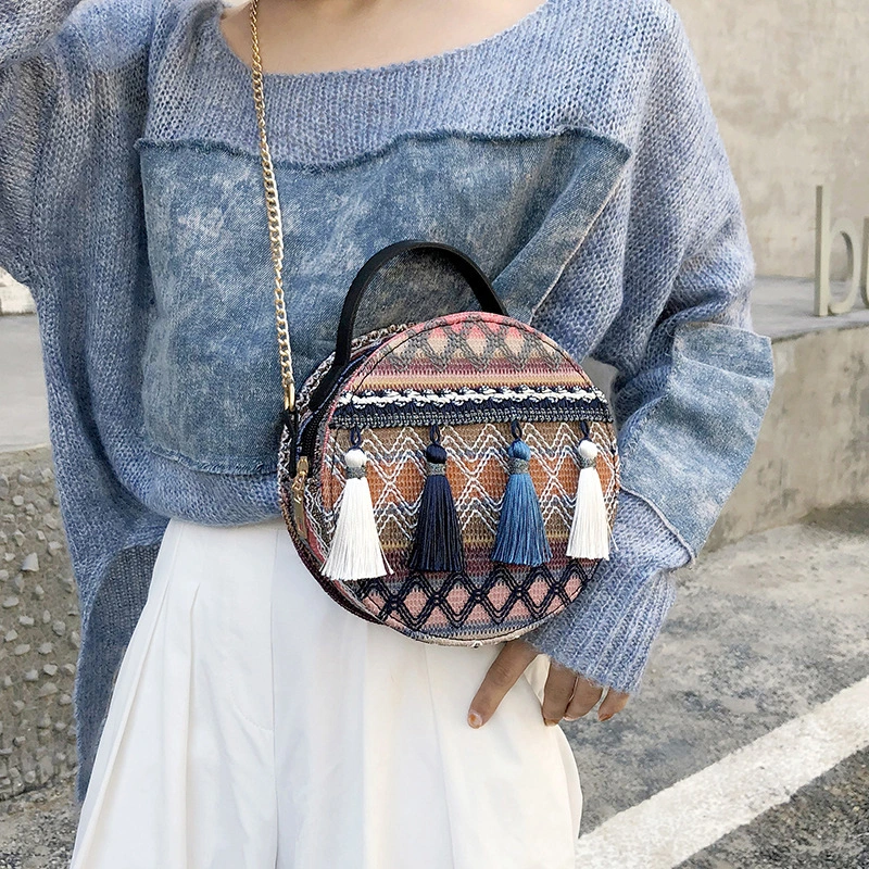 New Ethnic Style Cross-Border Straw Woven Bag Check Fringe Bag Mini