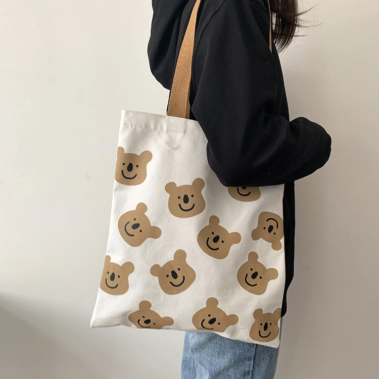 New Canvas Shoulder Shopper Bag for Women Girl Cartoon Bear White Female Handbags Cloth Shopping Bags Ladies Tote Beach Bag