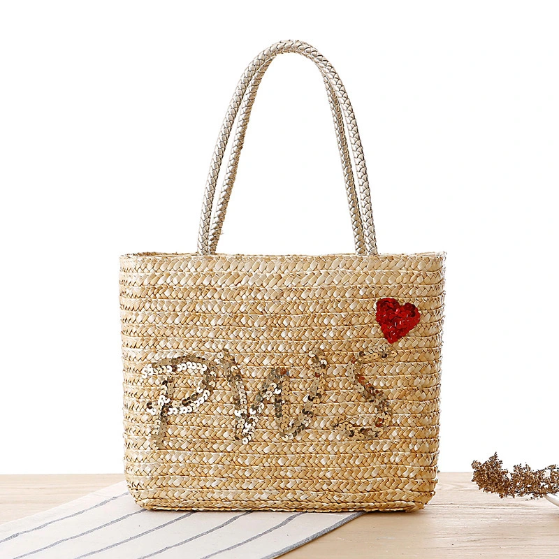 Japanese Fashion Hand-embroidered Sequined Letters One-shoulder Straw Bag