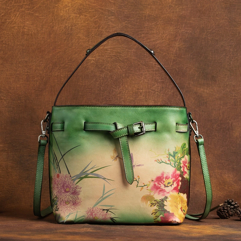 Color Printing Flowers Hand Brush Color Head Layer Leather Hand Inclined Cross Bag