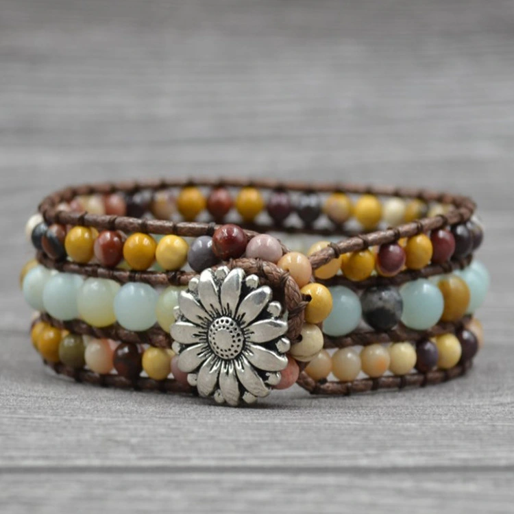 Multi Layer Sunflower Accessories Bracelet Color Stone Beads 18cm Braided 