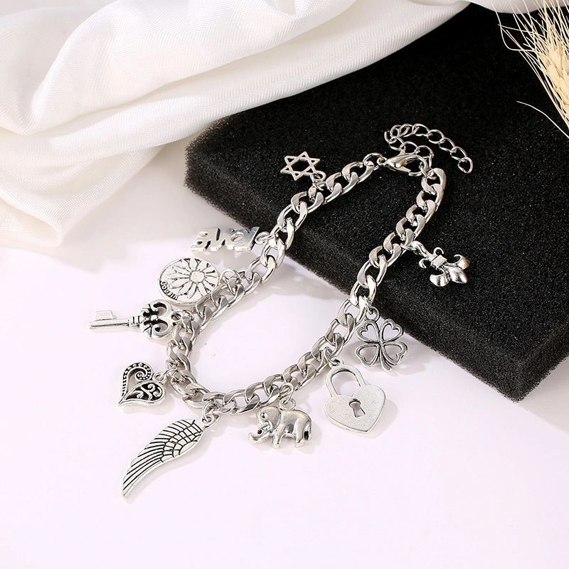 Elephant Letter Four Leaf Clover Pendant Bracelet