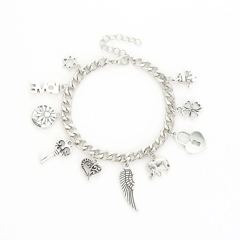 Elephant Letter Four Leaf Clover Pendant Bracelet