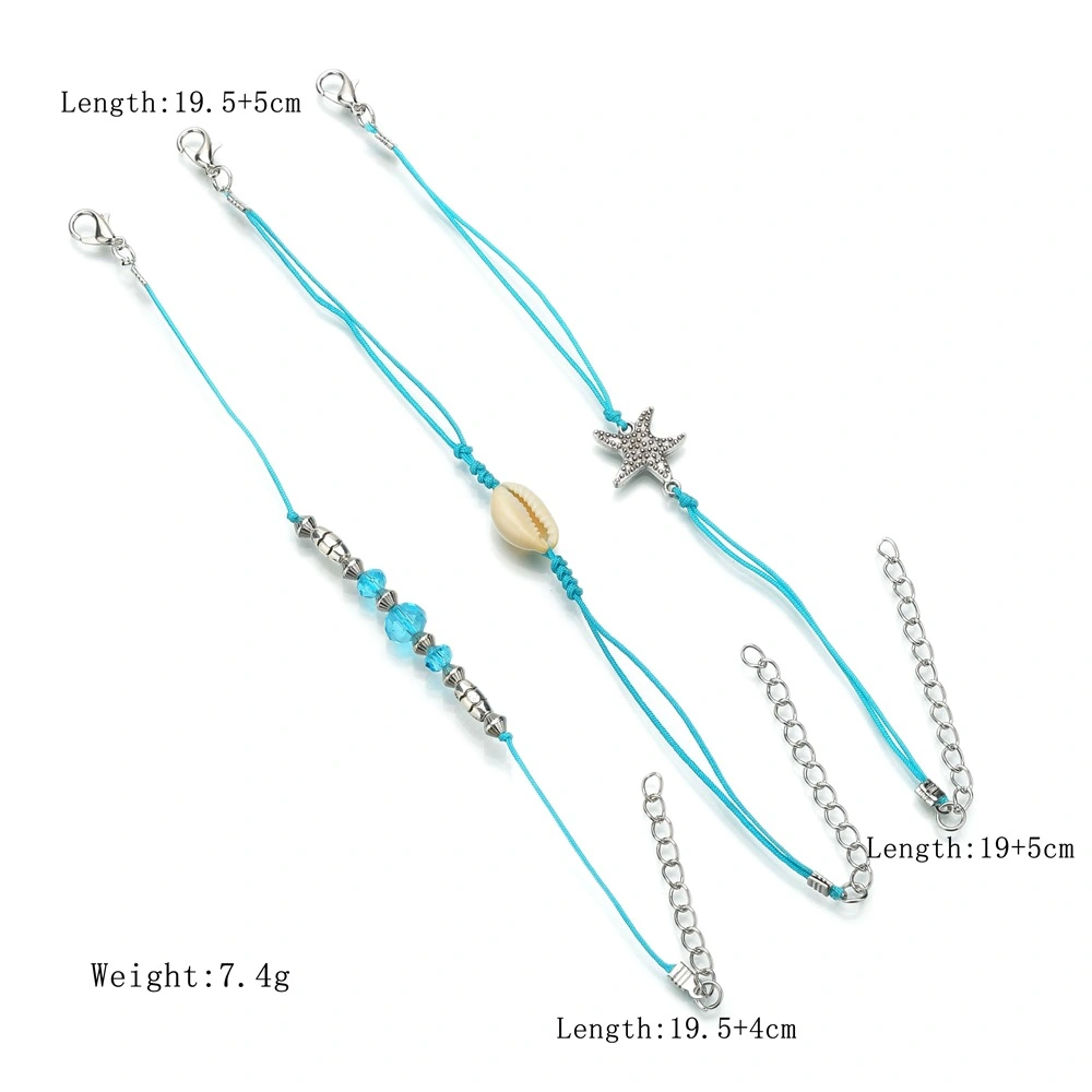 European And American Bohemian Starfish Shell Blue Bead Anklet Set