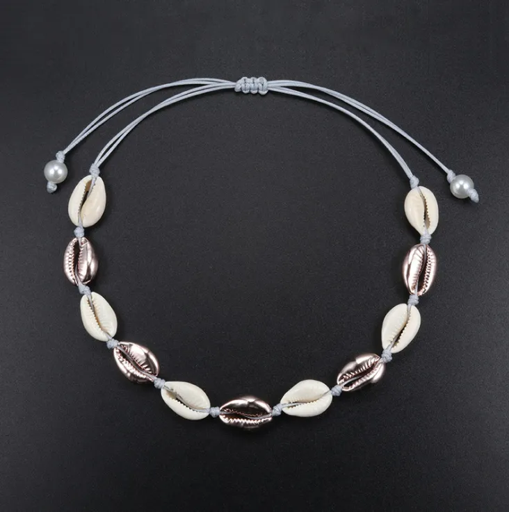 Bohemian Style Hand-Woven White Shell Necklace Female Pearl Buckle Style Clavicle Chain Necklace Creative Interval Style