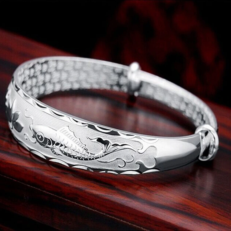 European And American Fashion Double Fish Lotus Silver Bracelet Female