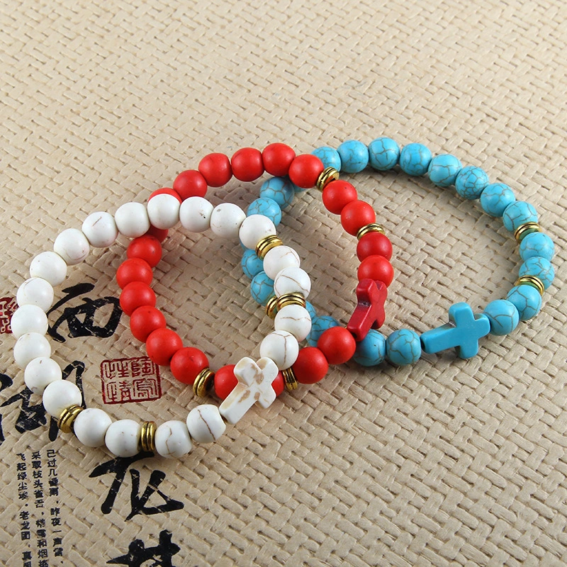 Natural Stone Cross Men Bracelet DIY Black Matte Beaded Multiple Colour Beads Buddha Charm Bracelets