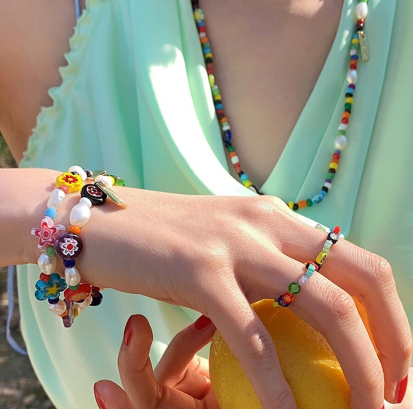 Little Daisy, Colored Glaze, Flower, Rainbow Color, Beaded Necklace, Bracelet, Ring Set