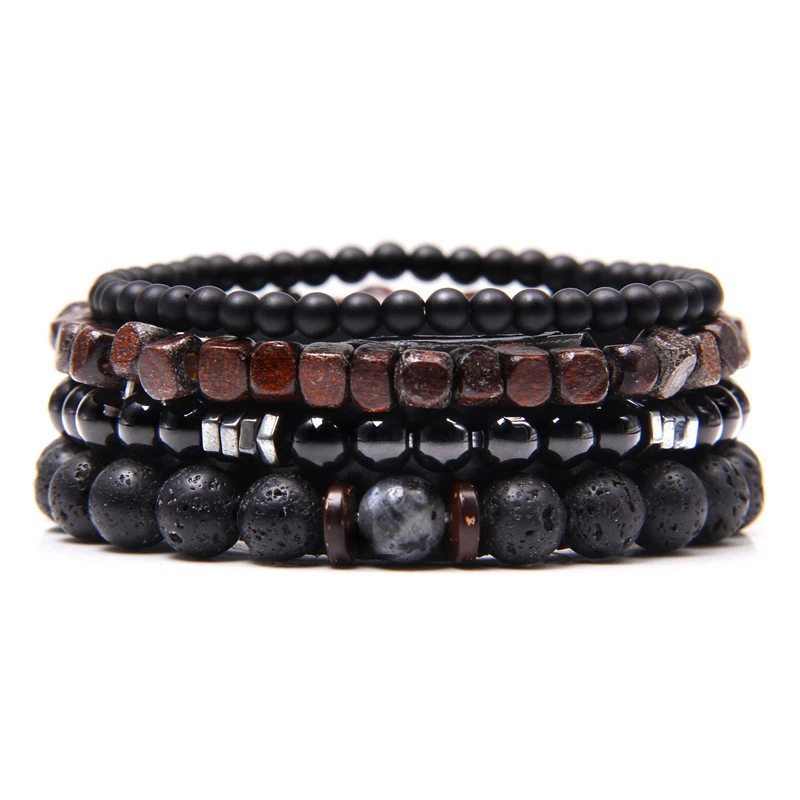 Cross-border Explosion Models Natural Volcanic Stone Wood Bead Bracelet Hematite Beaded Male Polished Black Agate Bead Bracelet Foreign Trade