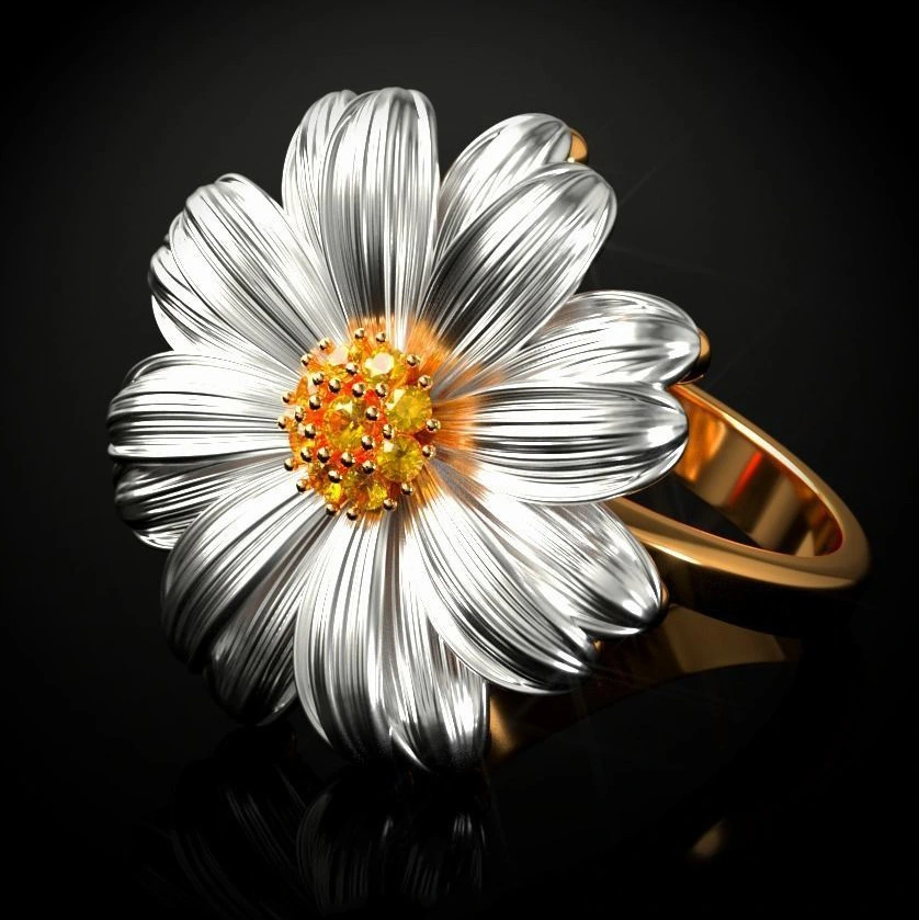 European And American 18K Gold Plated Two-Tone Chrysanthemum Sunflower Sunflower Ring