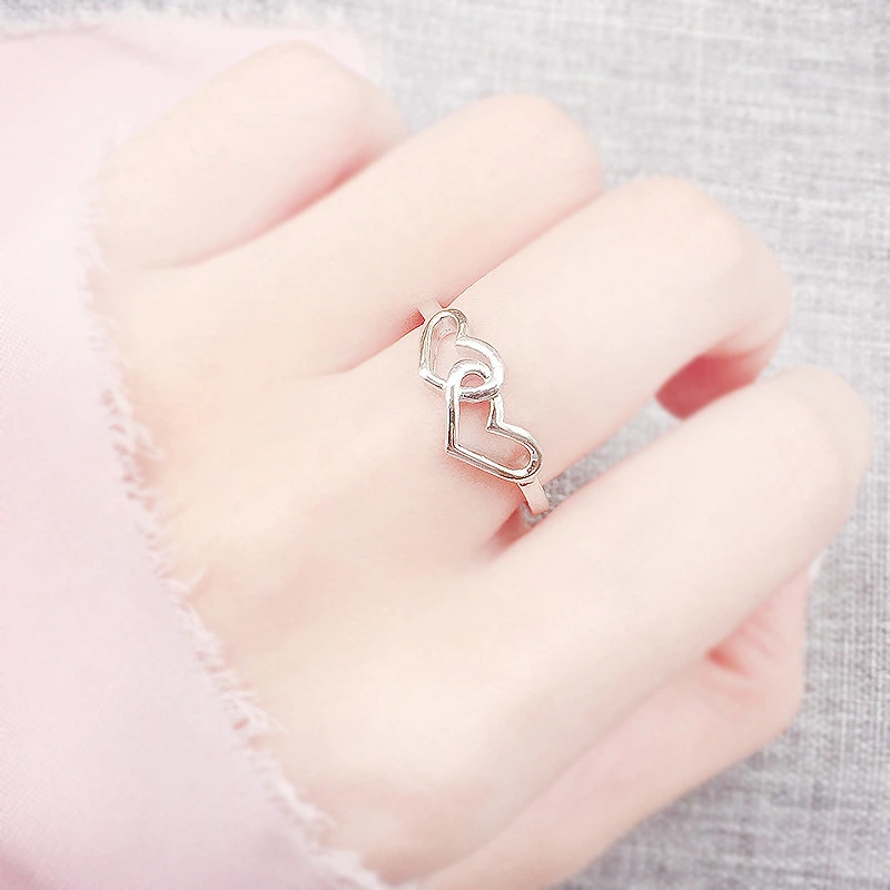 Fashionable Lady'S Love Heart Ring, Zircon Silver-Plated Personality Double Love Finger