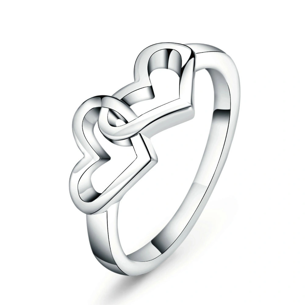 Fashionable Lady'S Love Heart Ring, Zircon Silver-Plated Personality Double Love Finger