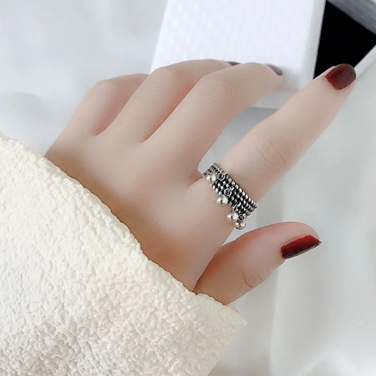Multi-Layer Braided Round Bead Ring Retro Old Personality Tassel Small Light Bead Ring Female