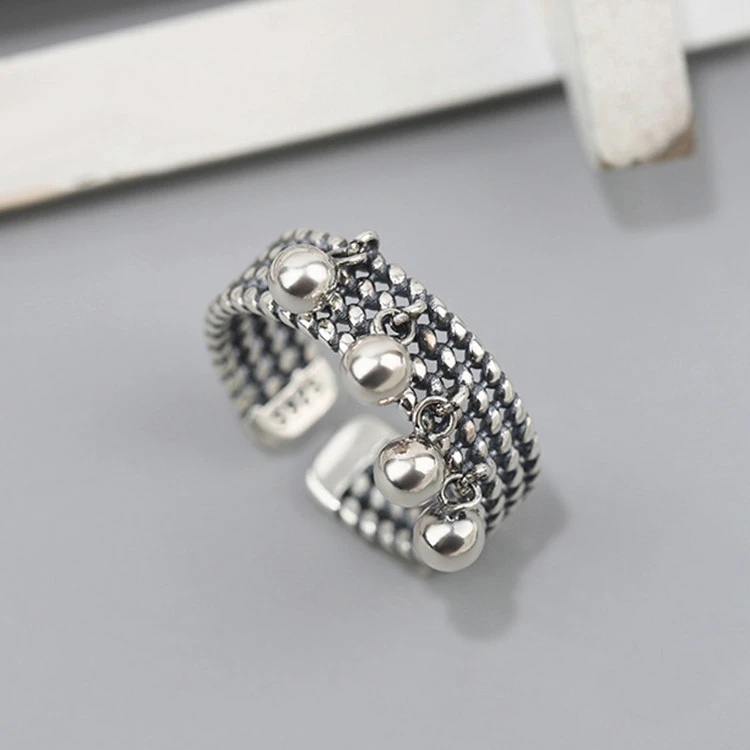 Multi-Layer Braided Round Bead Ring Retro Old Personality Tassel Small Light Bead Ring Female