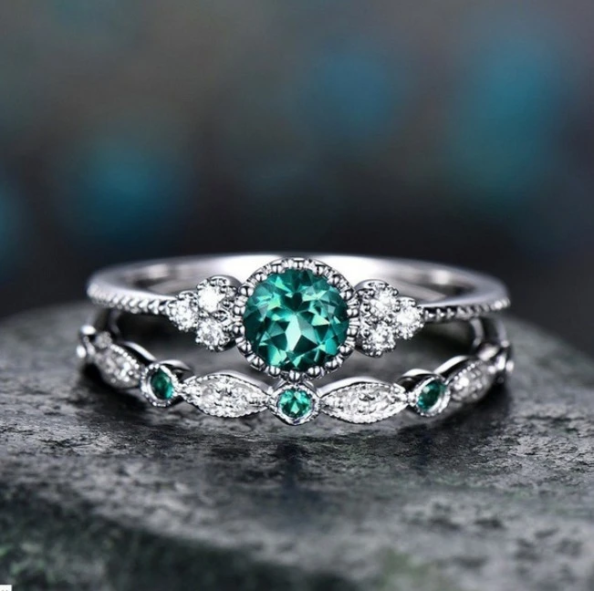 Wish New Inlaid Emerald Zircon Ring Female European And American Fashion Sapphire Engagement Ring