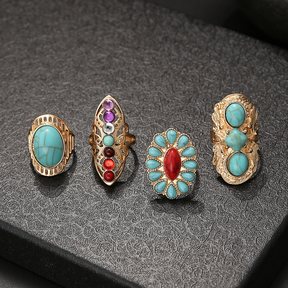 Fashion Ore Turquoise Ring 4-piece Set