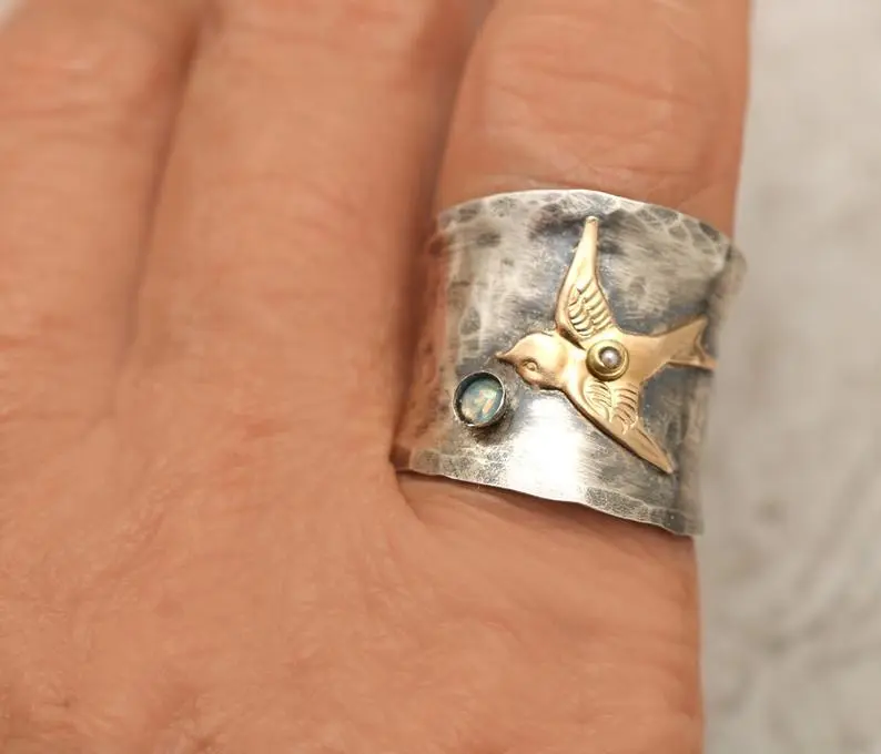 Simple Retro Gemstone Two-tone Bird Ring